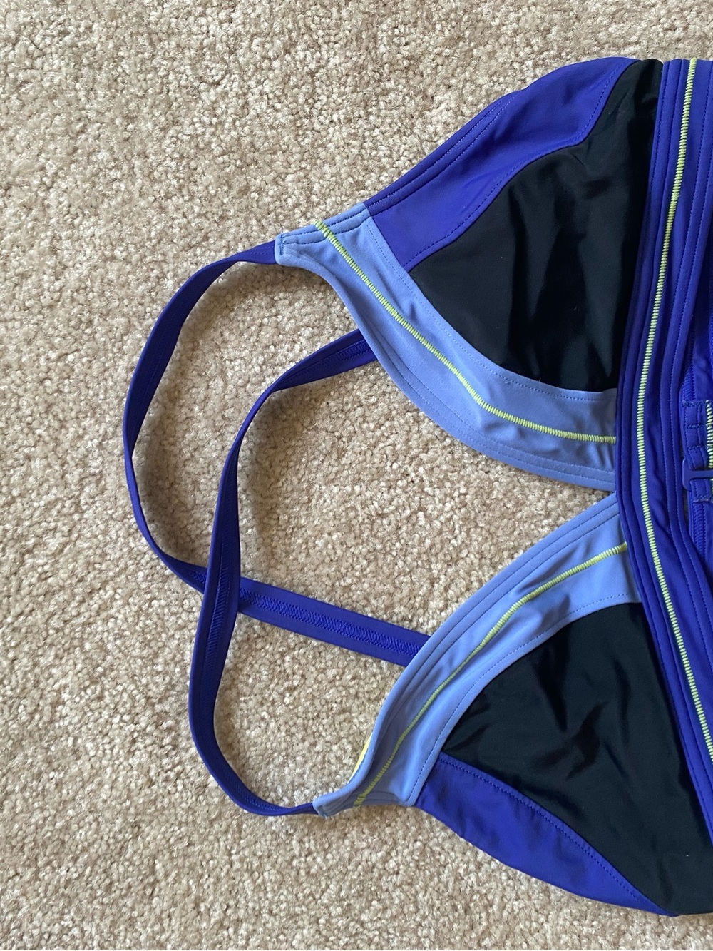 Prana Purple and Black Sport Bikini Top with Lavender Trim, convertible straps.